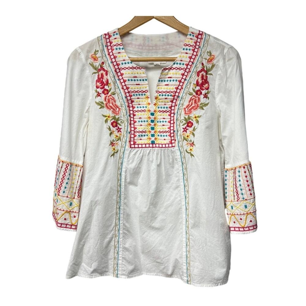 BeachLunchLounge Embroidered White Cotton Long Sleeve Boho Tunic Top Size Medium